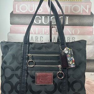 Coach Poppy Black Signature Tote with Leather Trim